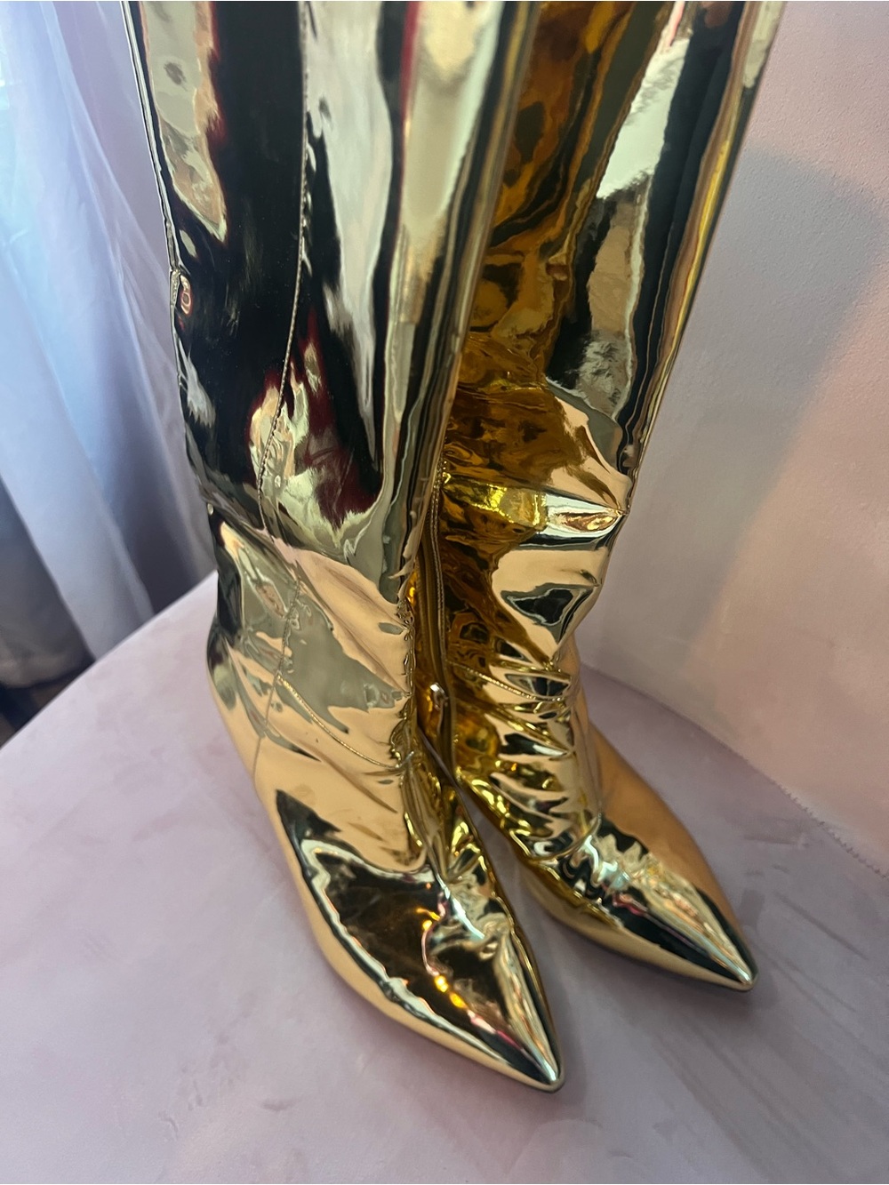 Wet Kiss Metallic Gold Knee-High Pointed Toe Heeled Boots